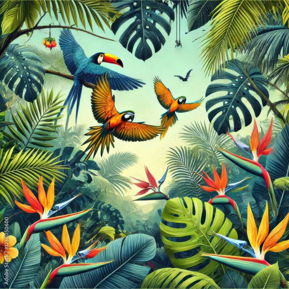 Fototapeta premium Tropical jungle with exotic birds flying among vibrant leaves 1