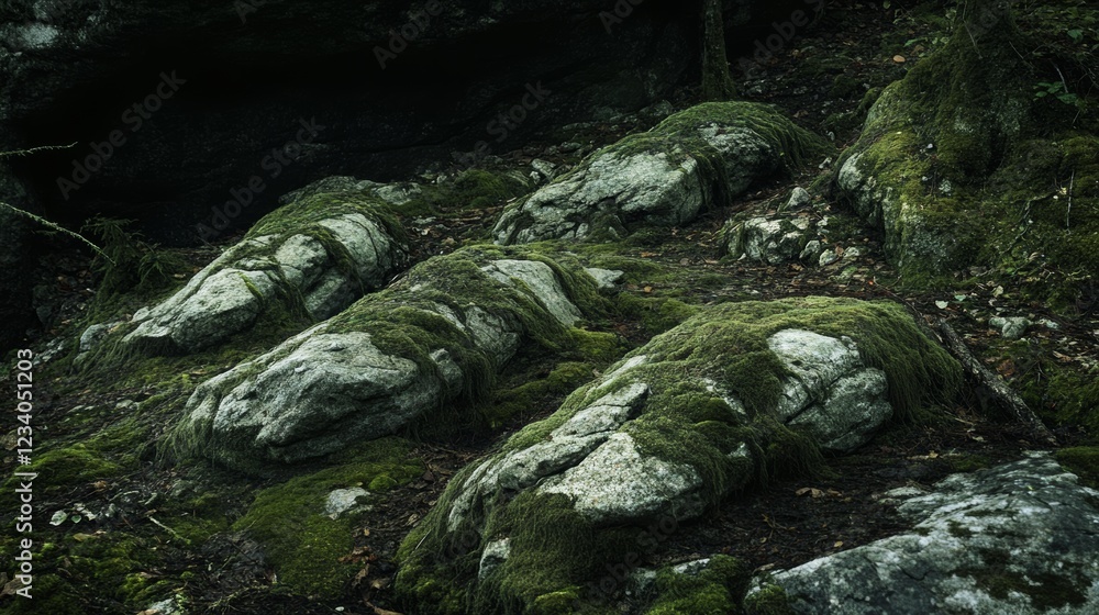 Moss-covered stones rest in a mystical forest, exuding a sense of ancient tranquility and natural beauty. Moss-covered stones rest in a mystical forest, exuding a sense of ancient tranquility and natural beauty.
