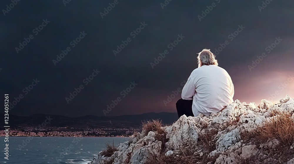 Elderly man sitting on rocky coastline, gazing at the stormy sea under dark clouds Elderly man sitting on rocky coastline, gazing at the stormy sea under dark clouds