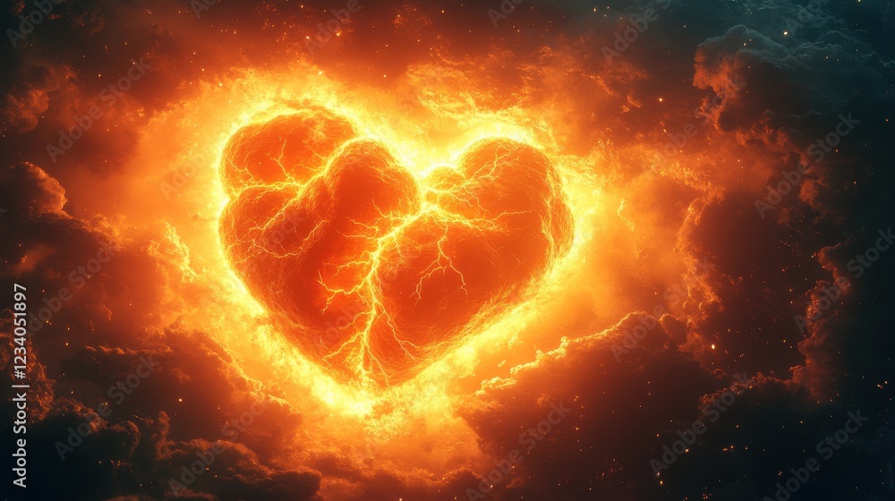Fiery heart shape glowing amidst dark stormy clouds, symbolizing passion and intensity Fiery heart shape glowing amidst dark stormy clouds, symbolizing passion and intensity
