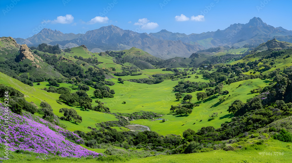 Naklejka premium Springtime valley, mountain range backdrop, wildflowers