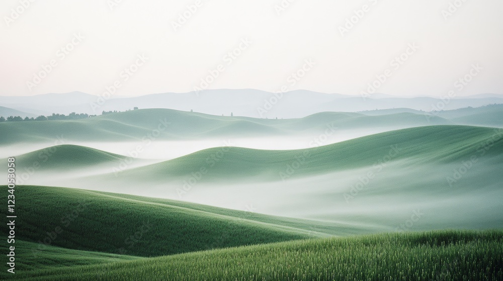 Morning mist gently blankets a landscape of undulating green hills, merging seamlessly with a horizon that invokes a sense of peaceful infinity. Morning mist gently blankets a landscape of undulating green hills, merging seamlessly with a horizon that invokes a sense of peaceful infinity.