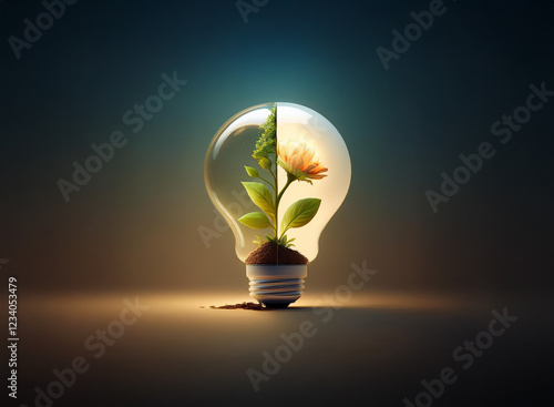 A lightbulb, split in half, reveals a growing plant inside.  One side shows a sprout, the other, a blossoming flower, symbolizing growth and nature's power. photo