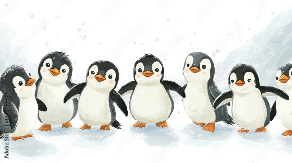 Cute Cartoon Penguins Playing on Snowy Background with Smiles Cute Cartoon Penguins Playing on Snowy Background with Smiles