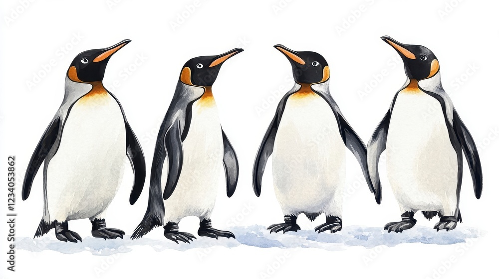 Fototapeta premium Four Cheerful Penguins Standing in a Row on White Background