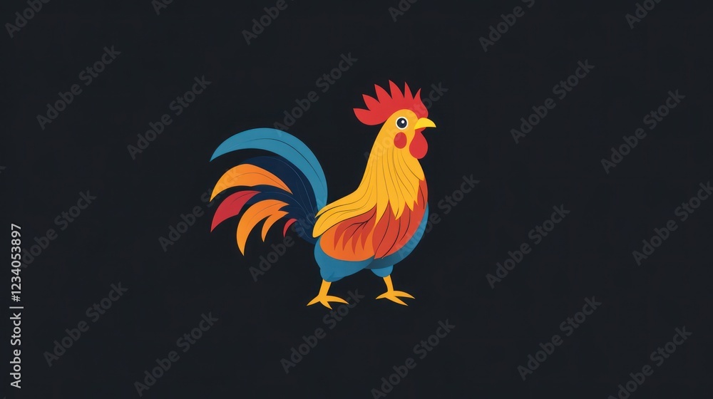 Fototapeta premium Colorful rooster, dark background, farm animal, illustration