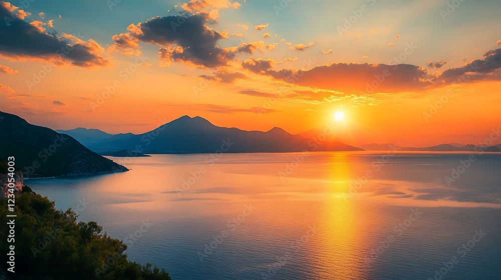 Fototapeta premium A breathtaking sunset over the Peloponnese peninsula in Greece, capturing the calm of Feierabend, isolated on a white background to emphasize tranquility