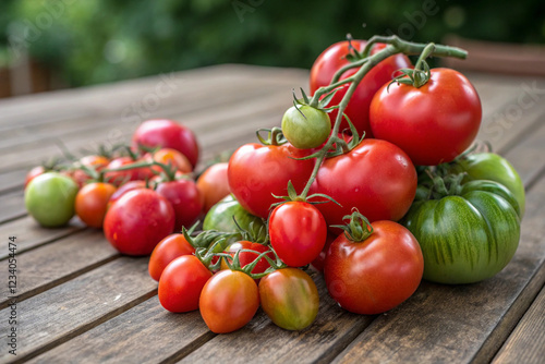 Many fresh tomatoes on a wooden table, outdoors