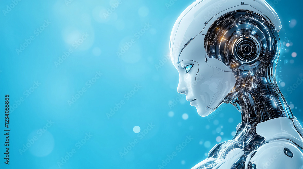 Fototapeta premium Futuristic Female Humanoid Robot on Blue Background