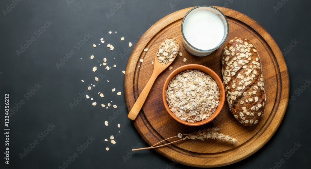 A round wooden board fills the composition. On the right side of the board is a small loaf of oat bread decorated with oatmeal. A round wooden board fills the composition. On the right side of the board is a small loaf of oat bread decorated with oatmeal.