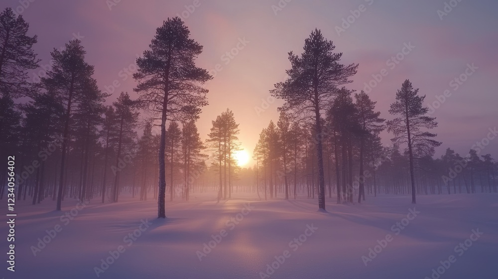 Frosty dusk a serene winter landscape with glowing pines Frosty dusk a serene winter landscape with glowing pines