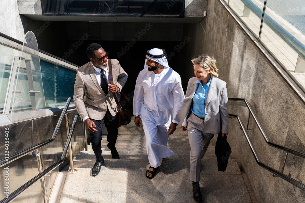 Group of multiethnic business people meeting an emirati businessman - International corporate business team bonding outdoors in the city Group of multiethnic business people meeting an emirati businessman - International corporate business team bonding outdoors in the city