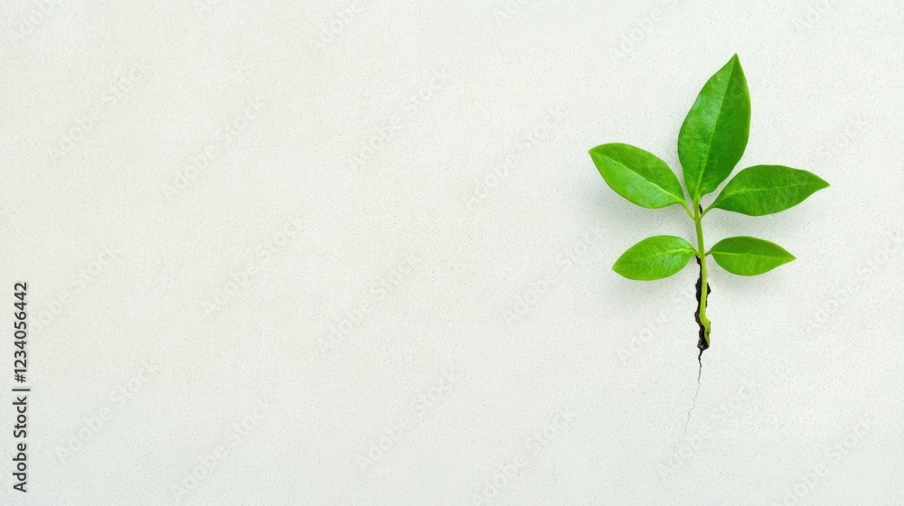 Obraz premium Resilience and hope concept with green plant growing through white wall for inspiration and growth