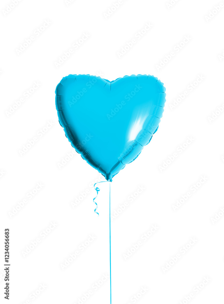 One big turquoise blue heart shaped balloon with ribbon isolated on a white background. Valentines day. Love symbol. Beautiful birthday party gift. Floating objects. Inflatable ball by helium gas