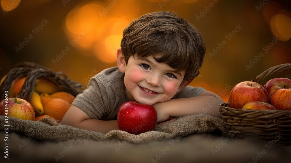Fototapeta premium Happy boy lying on burlap with apples and oranges.