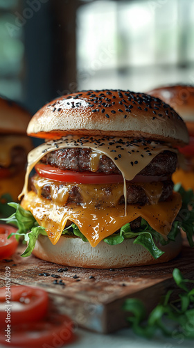 Mouthwatering double cheeseburger with lettuce, tomato, and sesame bun, perfect for food photography and culinary content photo