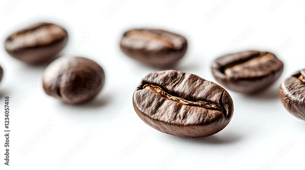 A high-quality image of a few whole coffee beans placed artistically on a white background, representing their use in creating fresh coffee beverages and food A high-quality image of a few whole coffee beans placed artistically on a white background, representing their use in creating fresh coffee beverages and food