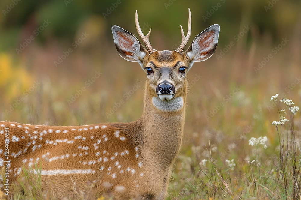 Fototapeta premium The elegant and serene presence of a deer in its natural habitat, delicate antlers, soft fur, and gentle gaze, set against a peaceful forest meadow backdrop.
