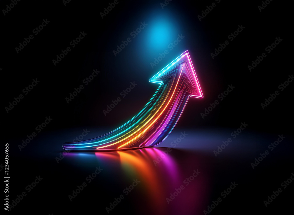 Vibrant neon arrow ascends in a dark space, reflecting on a glossy surface. Its multicolored glow symbolizes growth and progress. Vibrant neon arrow ascends in a dark space, reflecting on a glossy surface. Its multicolored glow symbolizes growth and progress.