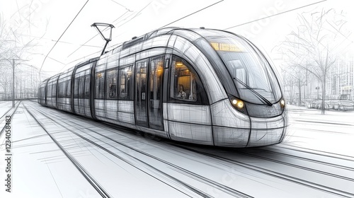 A stylized illustration of a modern tram on urban tracks. photo