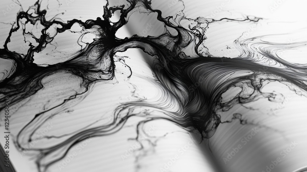 Fototapeta premium Black ink flows like organic veins across white pages, creating an abstract and intricate pattern reminiscent of nature’s intricacies.