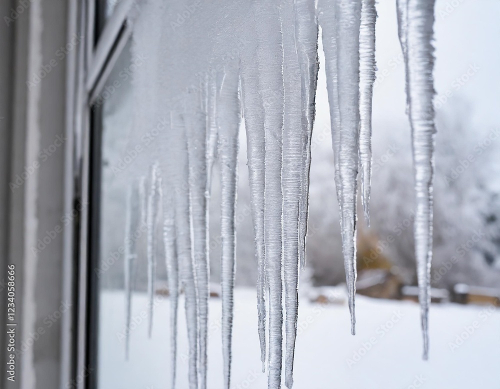 Fototapeta premium Close-Up of a Frosted Window with Delicate Icicles Hanging Outside