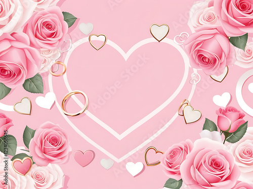 Pink heart with roses and rings.Generative AI