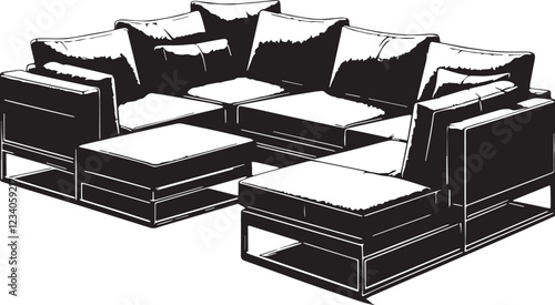 Black Modular Sectional Sofa Silhouette Vector, High Quality Illustration on White Background