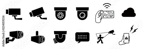 Set of icons for security cameras. Illustration of an intruder checking the video footage from a smartphone. Security camera, CCTV, network camera, smart camera, home security icons.