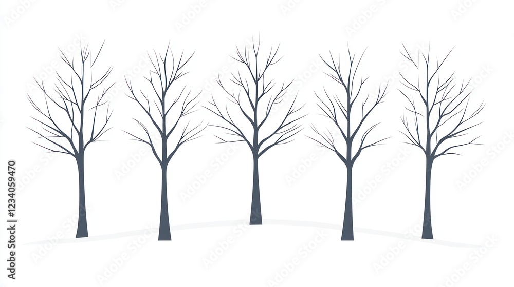 Fototapeta premium Five bare winter trees on snowy ground, nature illustration, website design