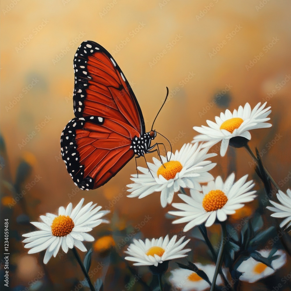 A bright orange butterfly perched on a field of white daisies, representing uniqueness and beauty in simplicity. A bright orange butterfly perched on a field of white daisies, representing uniqueness and beauty in simplicity.