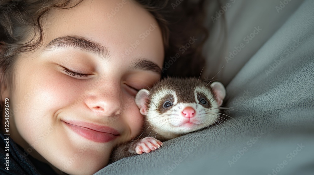 Cherished moment: smiling girl cuddling with adorable ferret companion relaxing together Cherished moment: smiling girl cuddling with adorable ferret companion relaxing together