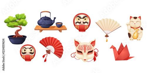 Japan set with traditional elements bonsai tree, koinobori flag, fun, maneki neko cat, origami crane and teapot with tea cups isolated on white background.