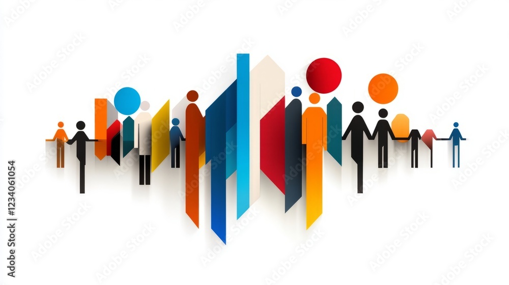 Abstract artwork featuring stylized figures and geometric shapes in vibrant colors representing diversity, unity, and creativity in contemporary design elements Abstract artwork featuring stylized figures and geometric shapes in vibrant colors representing diversity, unity, and creativity in contemporary design elements