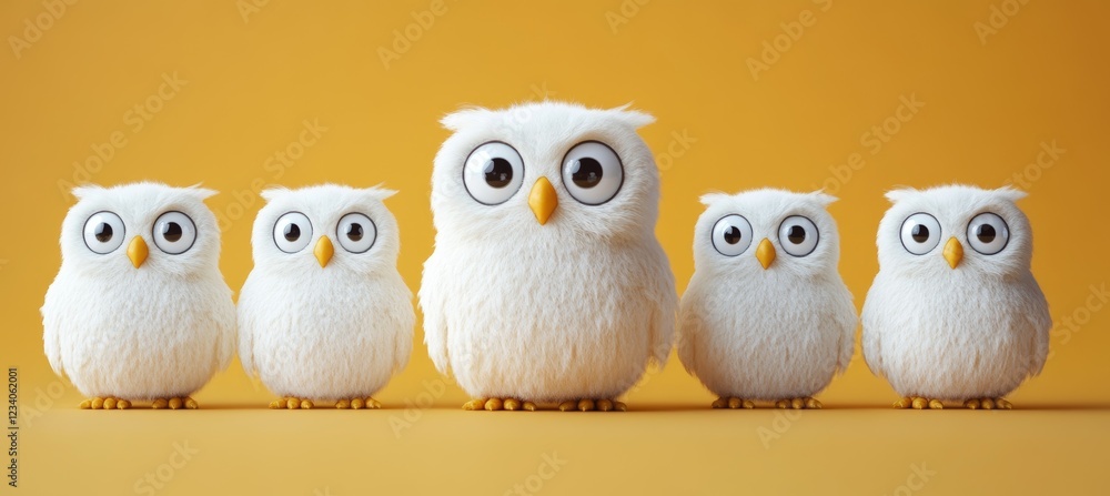 Fototapeta premium White owl on yellow background. For commerce, business, ads, poster, banner, creative, art design. Generative AI technology.