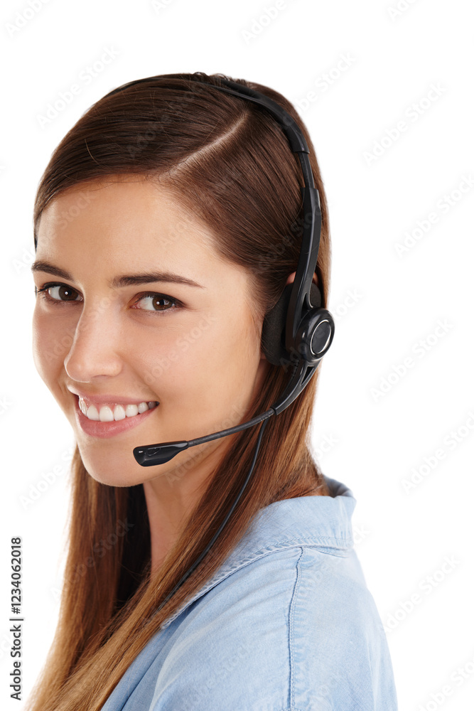 Woman, portrait and telemarketing advisor in studio, hotline operator and white background. Female person, call centre agent and helping with customer support, headset and professional consultant Woman, portrait and telemarketing advisor in studio, hotline operator and white background. Female person, call centre agent and helping with customer support, headset and professional consultant
