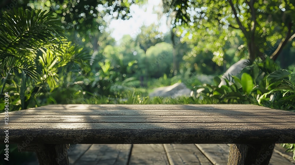 Fototapeta premium Wooden Tabletop with a Blurred Green Forest Background