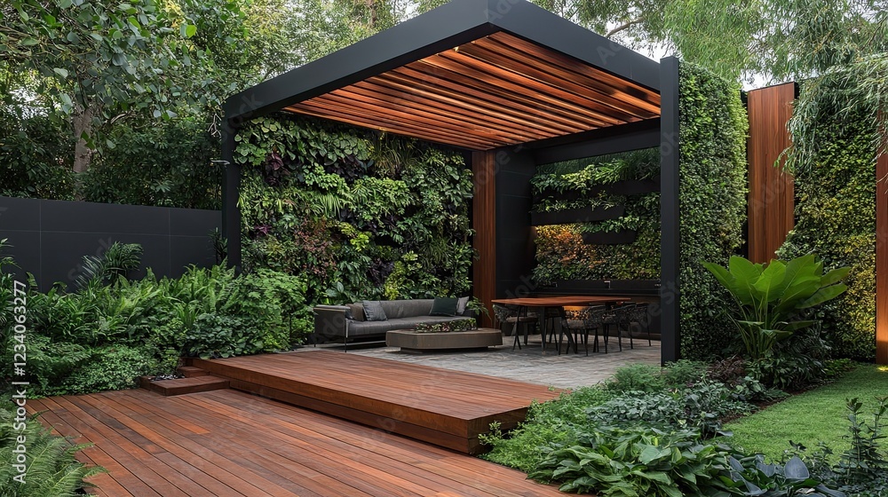 A modern garden features a deck, pergola, and vertical garden brimming with lush greenery. A modern garden features a deck, pergola, and vertical garden brimming with lush greenery.