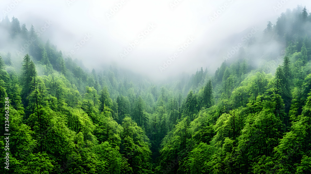 Fototapeta premium Misty mountain forest valley, lush green trees, nature background, ecological wallpaper