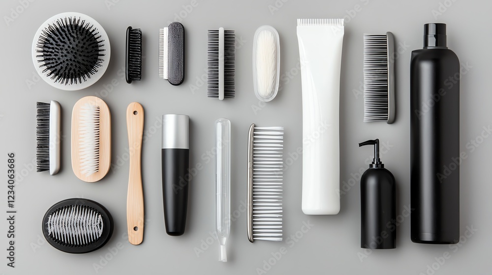 Fototapeta premium Flat lay of haircare products and tools arranged neatly on a gray background.