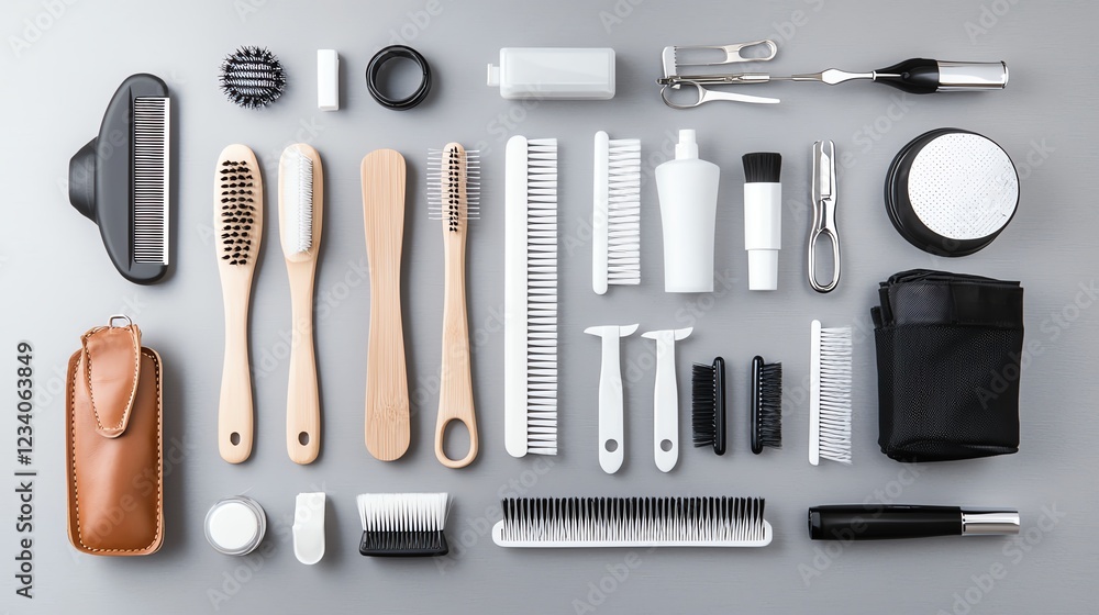 Flat lay of assorted grooming tools arranged neatly on a gray background, showcasing a variety of personal care essentials. Flat lay of assorted grooming tools arranged neatly on a gray background, showcasing a variety of personal care essentials.
