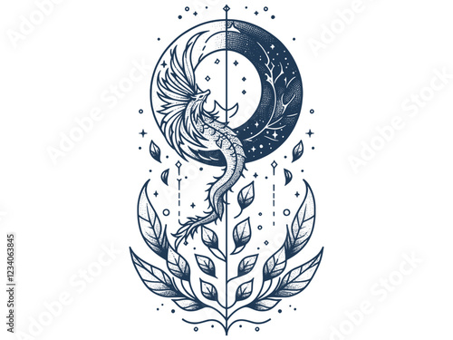Dragon in vertical celestial design Line art sketch tattoo.