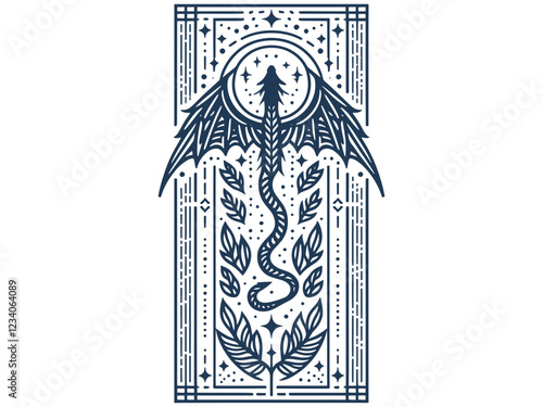 Dragon in vertical celestial design Line art sketch tattoo.