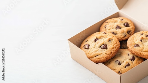 Delicious chocolate chip cookies in open box on light background for bakery promotion or gift idea photo