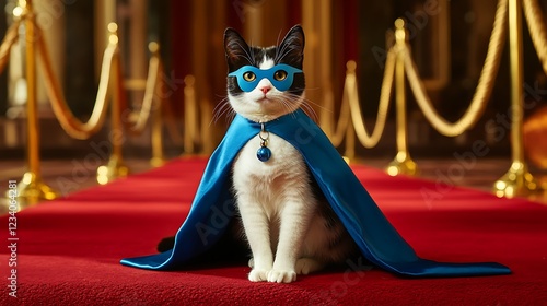 A tuxedo cat in a blue cape and mask, sitting on a red carpet with golden ropes in the background. photo