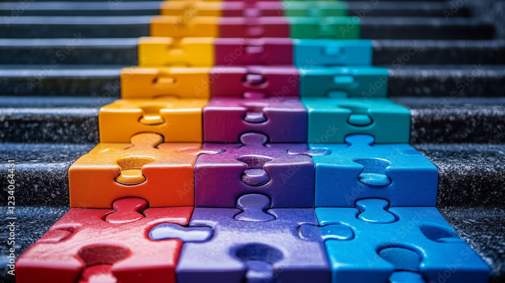 Obraz premium Colorful jigsaw puzzle pieces arranged on steps against dark background. Business strategy and problem solving concept