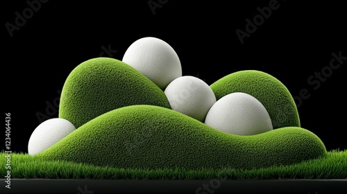 Organic Abstraction: White spheres nestled on lush green mounds of moss, creating a dynamic interplay of texture and form, with a hint of the surreal against a black backdrop.   photo