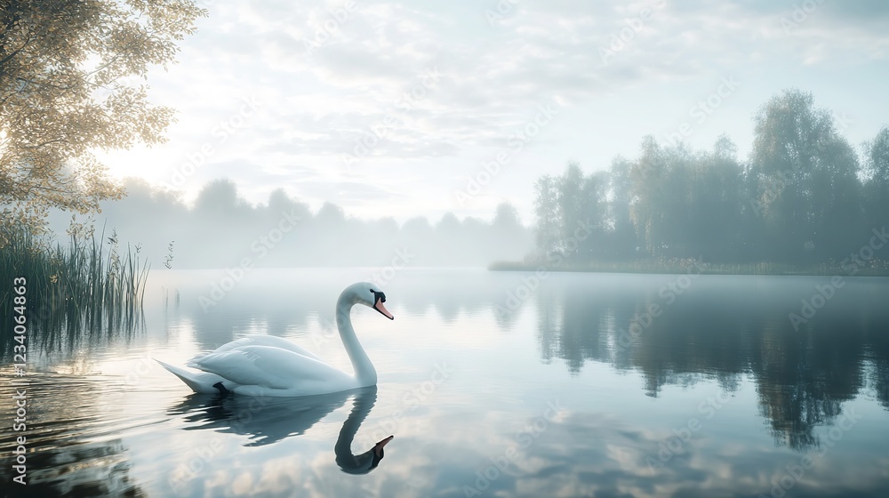 A Serene Swan Glides On A Misty Lake At Dawn, Reflecting Tranquility And Peace In Soft Light With A Blurred Background Of Trees A Serene Swan Glides On A Misty Lake At Dawn, Reflecting Tranquility And Peace In Soft Light With A Blurred Background Of Trees