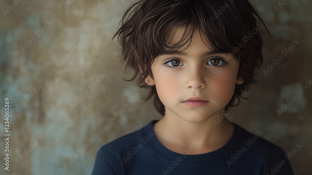 Serene young boy portrait soft light warm tones. AI Generated Serene young boy portrait soft light warm tones. AI Generated