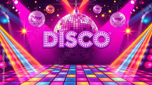 vibrant and fun 70s disco-themed flyer with glittering disco balls, neon lights, and colorful dance floor patterns. The flyer should have a retro style, Generative AI